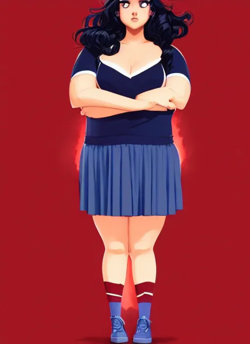 Image similar to full body portrait of teenage veronica lodge, obese, bangs, sultry, realistic, sultry smirk, wavy hair, red skirt, fat, belly, intricate, elegant, glowing lights, highly detailed, digital painting, artstation, concept art, smooth, sharp focus, illustration, art by wlop, mars ravelo and greg rutkowski