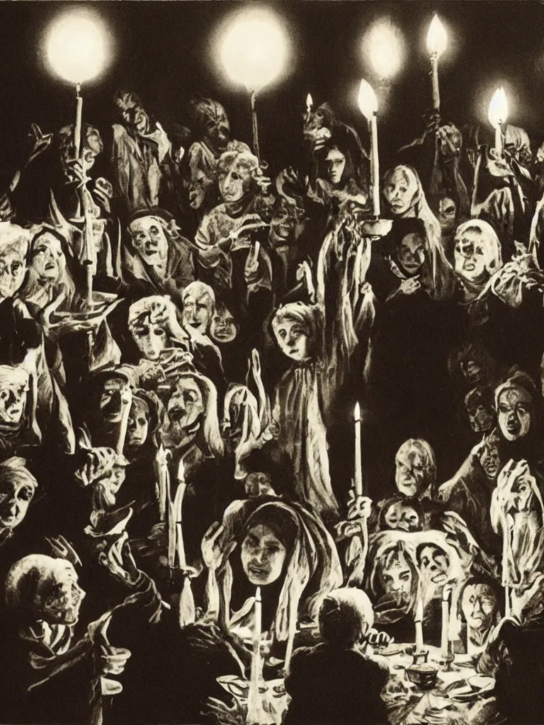 Image similar to a seance conducted by old women, candle light, ghosts, ominous, by federico fellini