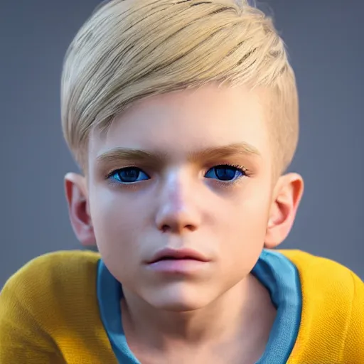 Image similar to a detailed portrait of boy with blonde hair and blue eyes, unreal engine 5 rendered, incredibly highly detailed and realistic, 8 k, sharp focus, studio quality