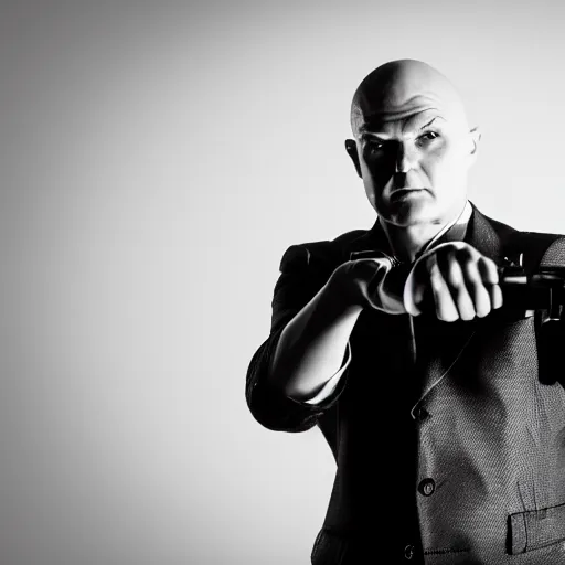 Image similar to agent 4 7 point his gun toward the camera. 5 0 mm, macro, photo, black and white.