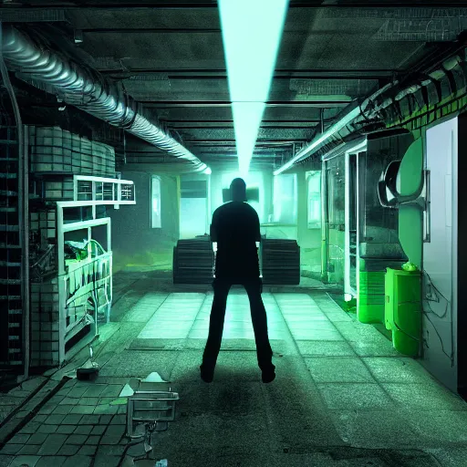 Image similar to secret underground lab, a silhouette of a man doing some experiment, unreal engine, octane, 4 k, videogame style, retro tech, some green - blueish glowing artifacts