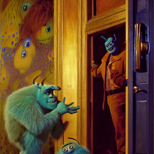 Image similar to portrait of sulley from monsters inc in front of house door. painting by gaston bussiere craig mullins jc leyendecker gustav klimt artgerm greg rutkowski john berkey, bergey, craig mullins, ruan jia, raymond swanland, tom lovell