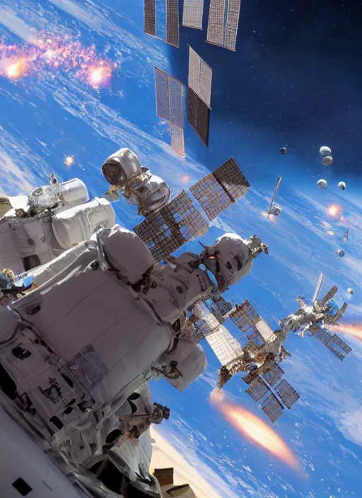 Image similar to closeup hyperdetailed shot of taikonauts cosmonauts and astronauts connecting iss with tiangong space station by ross tran, thierry doizon, craig mullins, ilya kuvshinov, artgerm, edward hopper, dan mumford, wlop, rutkovsky, carl spitzweg, moebius, unreal engine 5, lumen, nanite