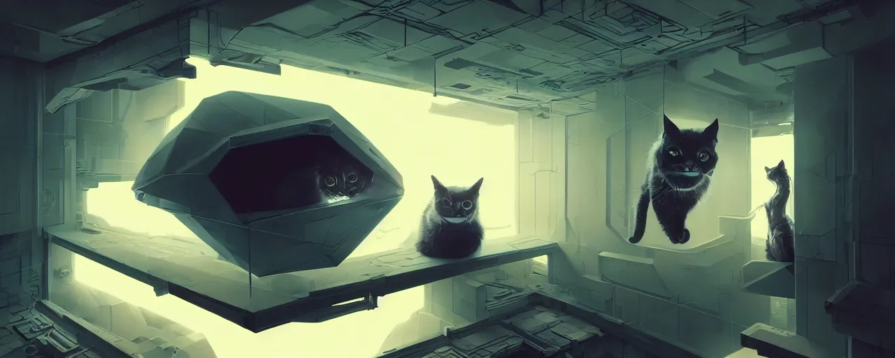 Image similar to duotone noir scifi concept dynamic illustration of 3 d mesh of cat inside box floating zero gravity glowing 3 d mesh portals futuristic, glowing eyes, octane render, surreal atmosphere, volumetric lighting. accidental renaissance. by sachin teng and sergey kolesov and ruan jia and heng z. graffiti art, scifi, fantasy, hyper detailed. trending on artstation