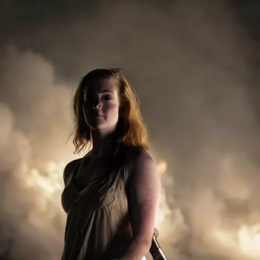 Image similar to bree williamson as the goddess of war. movie still. sinister atmospheric lighting. highly detailed, ground mist