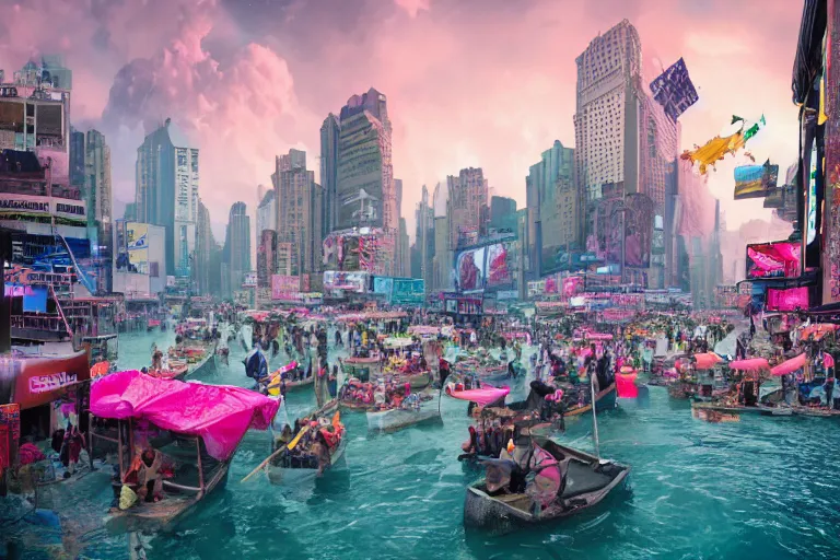 Image similar to floating markets of times square on new york on danakil depression with acid pools in grand mount roraima during sakura season on an interstellar aurora borealis, pink waterfalls, vendors, festivals, fun, by peter mohrbacher, james jean, james gilleard, greg rutkowski, vincent di fate, rule of thirds, octane render, beautiful landscape