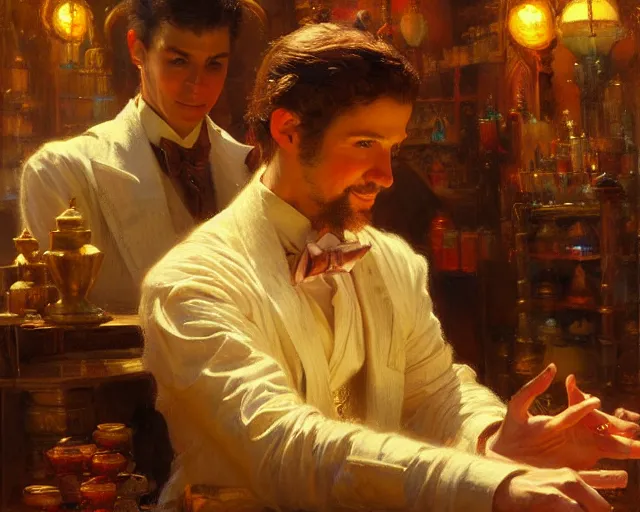 Image similar to attractive magician man, in magic shop. highly detailed painting by gaston bussiere, craig mullins, j. c. leyendecker 8 k