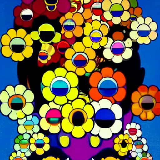 Image similar to silhouette of head exploding into flowers, bright colors, Takashi Murakami, Minimalist,