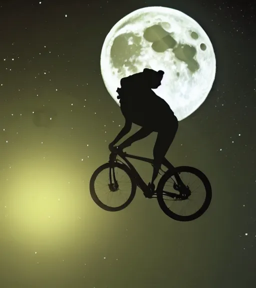 Prompt: the hulk is riding a flying bike across the full moon as silhouette, from the movie e. t. the extra terrestrial, with dark trees in foreground, cinematic frame by steven spielberg, hd