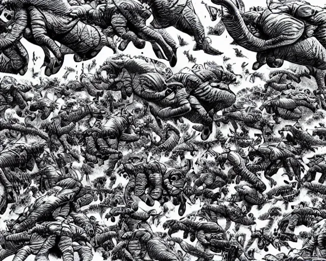 Image similar to A swarm of flying alien hippos drawn by Kentaro Miura, extremely high detail, manga, ink