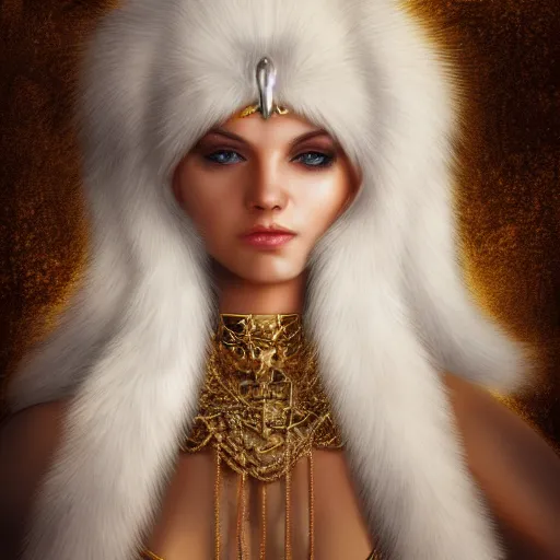 Image similar to portrait of a white human panter with a very long fur and gold jewelry, fantasy, trending on artstation, heroic pose, illustration, highly detailed, simple, 8k