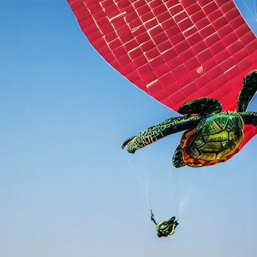 Prompt: hyperrealistic close shot of a turtle paragliding