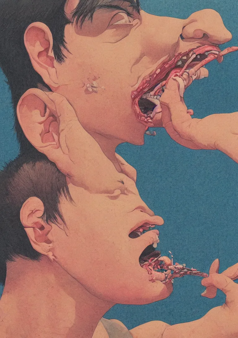 Prompt: a closeup portrait of a young man licking a tab of LSD acid on his tongue and dreaming psychedelic hallucinations, by kawase hasui, moebius, Edward Hopper and James Gilleard, Zdzislaw Beksinski, Steven Outram colorful flat surreal design, hd, 8k, artstation