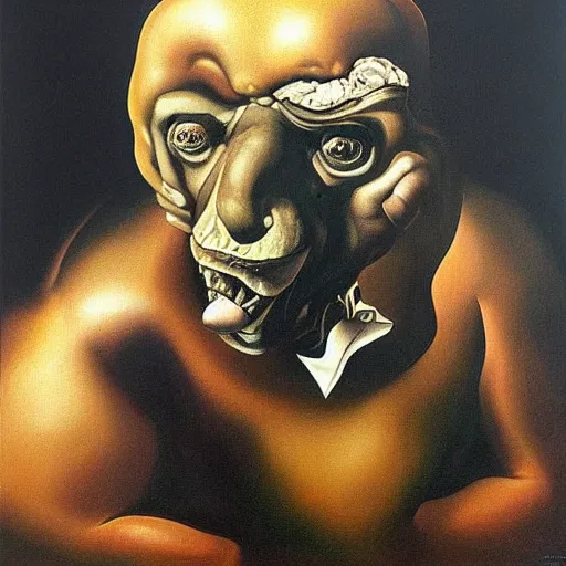 Image similar to Oil painting with black background by Christian Rex Van Minnen Robert Williams Salvador Dali of a portrait of an extremely bizarre disturbing mutated man with intense chiaroscuro lighting perfect composition