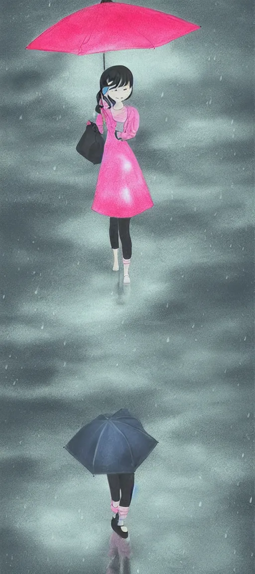 Image similar to beautiful drawing style, girl holding umbrella, contrast, visible rain, vaporware cartoon japan background, kawaii rainy gloomy, rainy night