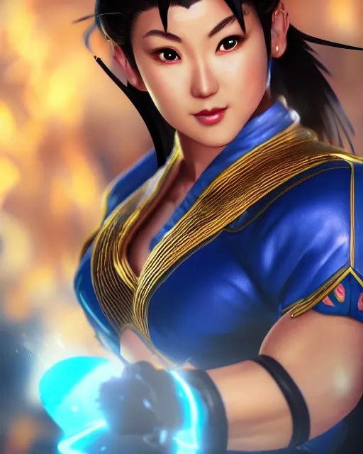 Image similar to Beautiful portrait of Chun-Li from Street Fighter 2. Trending on artstation. Digital render by Yury Kantsevich.