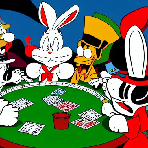 Image similar to a highly detailed vector picture of bugs bunny and captain cruch and snoopy and bender playing poker, octane render, 4 k resolution, trending on artstation, masterpiece