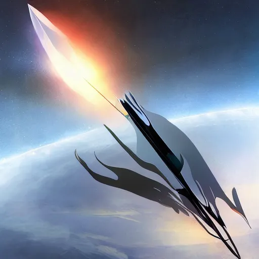 Image similar to concept art of a large space vessel in the shape of an spear flying through the space, scifi, beautiful ilumination, artstation hq