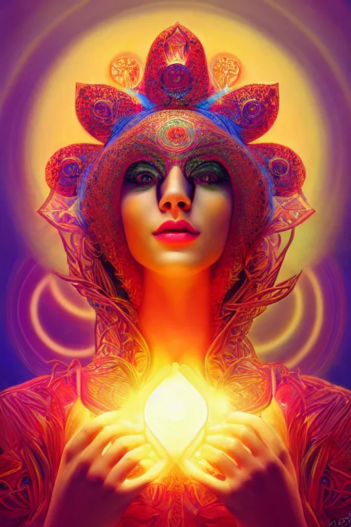 Image similar to a centered render of an alluring goddess wearing a psychedelic mask surrounded by a glorious sacred energy made from geometry and spiral mandel bulb fractals, powerful, cinematic, beautifully lit, by artgerm, by karol bak, 3 d, trending on artstation, octane render, 8 k