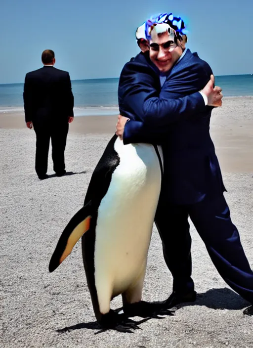 Image similar to benjamin netanyahu hugging a penguin