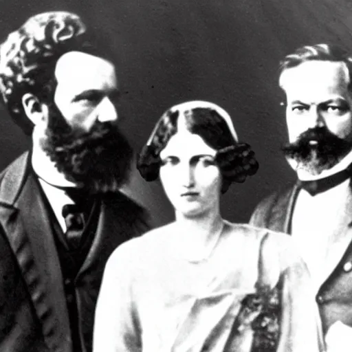 Prompt: Karl Marx and Ayn Rand marrying, wedding photo, 1920, Church altar backround