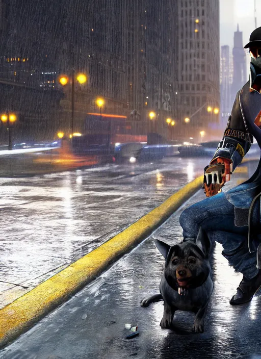 Image similar to watch dogs game, chicago city rainy detailed, a dog is sitting on the street, soft lighting