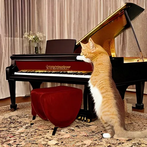 Prompt: a cat playing a steinway grand piano