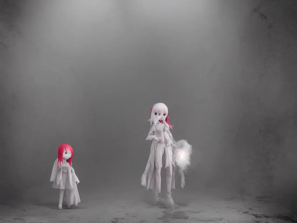 Prompt: cute fumo plush girl ghost in a mysterious concrete wartorn brutalist ruin, chibi gothic wraith maiden of the afterlife, dramatic three point lighting, glowing wisps of hazy smoke and volumetric fog swirling about an ominous red glow, production volume rendering, vray