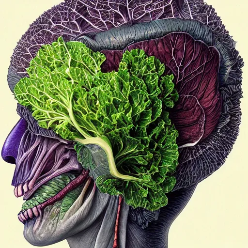 Prompt: the anatomy of a head of lettuce, an ultrafine detailed painting by james jean, intricate linework, bright colors, final fantasy, behance contest winner, vanitas, angular, altermodern, unreal engine, global illumination, radiant light, detailed and intricate environment