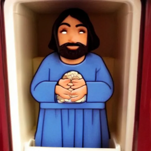 Prompt: Jesus hiding in the fridge, judging your eating habits