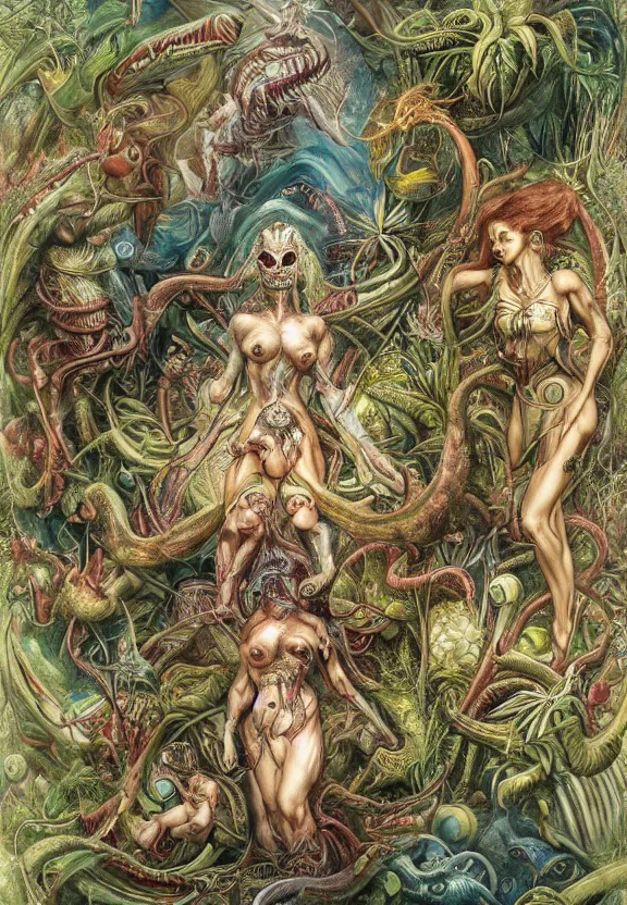 Image similar to elegant, muscular sharks, human babies, botany, orchids, radiating, colorful mandala, psychedelic, overgrown garden environment, by h. r. giger and esao andrews and maria sibylla merian eugene delacroix, gustave dore, thomas moran, pop art, biomechanical xenomorph, art nouveau, somber, horror