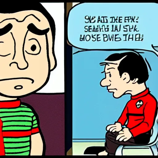 Prompt: chris kattan as spock in the style of charles schulz, star trek, peanuts, comic, single panel, cartoon, smooth lines