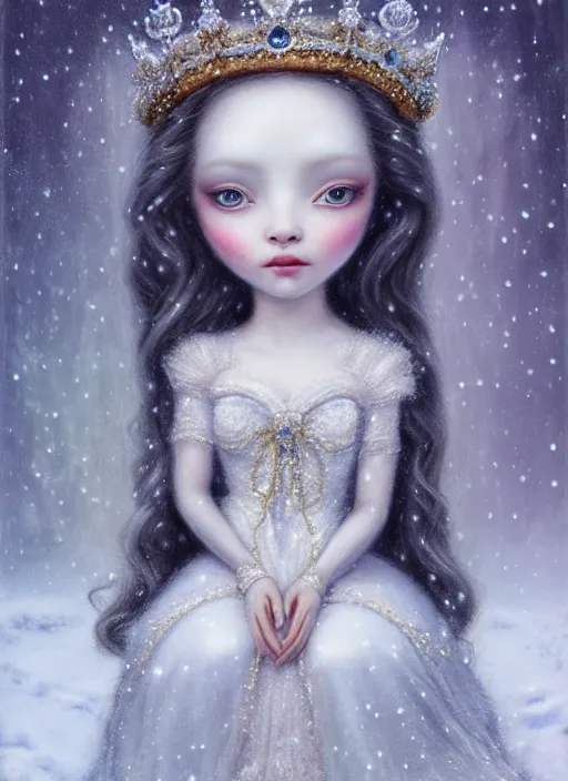 Image similar to highly detailed closeup portrait of a snow, ice princess wearing a crown and sitting on a throne, nicoletta ceccoli, mark ryden, lostfish, earl nore, global illumination, god rays, detailed and intricate environment