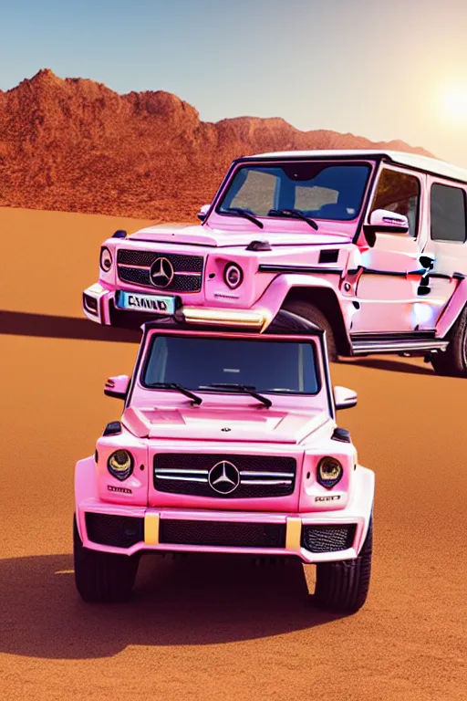 Prompt: Photo of a pink Mercedes-Benz G63 parked in front of a white building in the desert, wide shot, poster, photo print, golden hour, daylight, vibrant, volumetric lighting, award winning