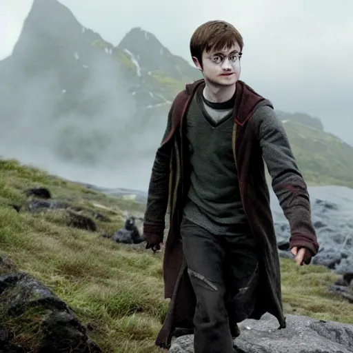 Prompt: daniel radcliffe as harry potter walking, in orodruin from lord of the rings, lava, mountain