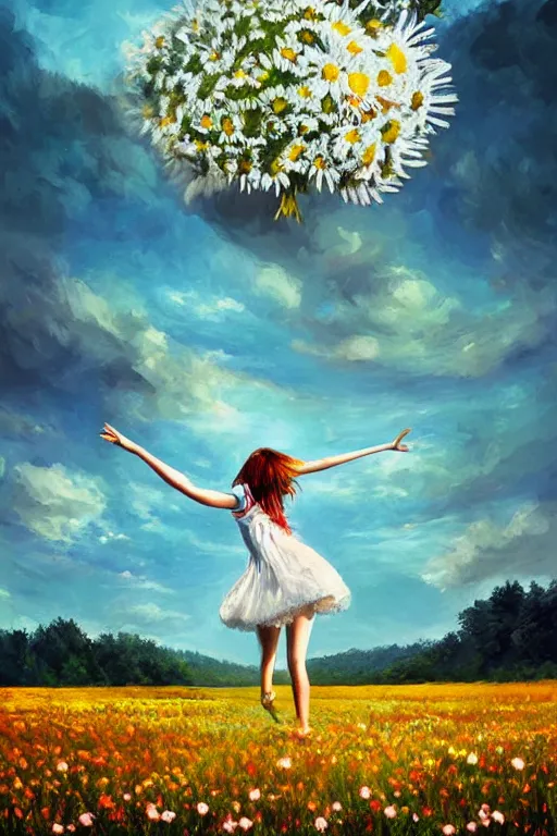 Prompt: giant white daisies flower head, girl dancing in a flower field, surreal photography, sunrise, dramatic light, impressionist painting, colorful clouds, digital painting, artstation, simon stalenhag