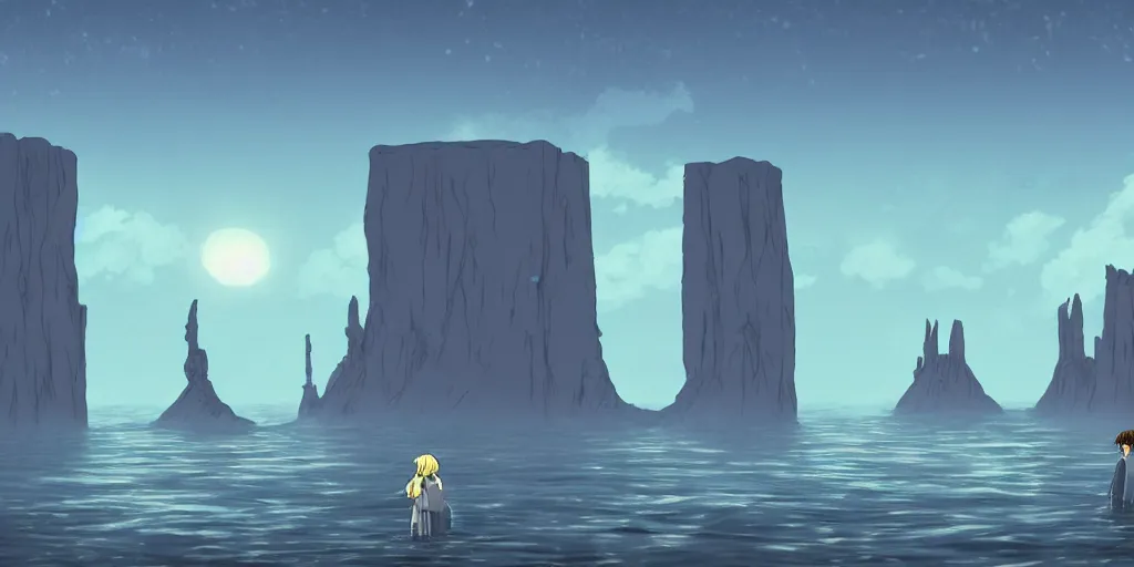 Image similar to a realistic cell - shaded studio ghibli concept art from paprika ( 2 0 0 6 ) of a giant mammoth and a grey warrior in a flooded monument valley stonehenge on a misty starry night. very dull colors, wide shot, hd, 4 k, hq