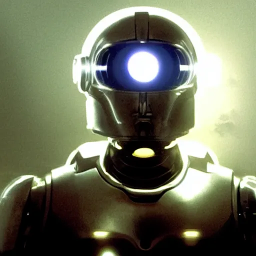 Image similar to movie still of a man with a cyborg helmet with a glowing third eye, cinematic composition, cinematic light, by edgar wright and david lynch