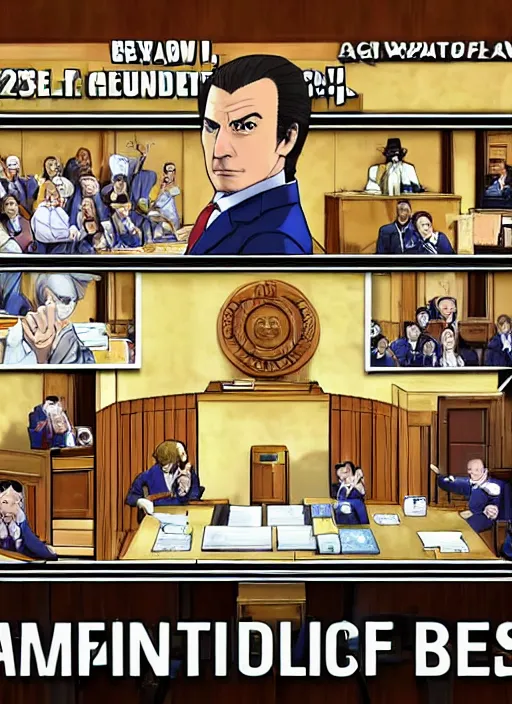 Image similar to portrait of saul goodman as phoenix wright in court, objection, phoenix wright ace attorney screenshot, nintendo ds screenshot