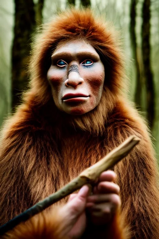 Image similar to a professional portrait photo of a neanderthal woman in the forest in winter holding a spear, dirt on face, black stripe painted side to side across her eyes, ginger hair and fur, extremely high fidelity, natural lighting, still from the movie clan of the cave bear