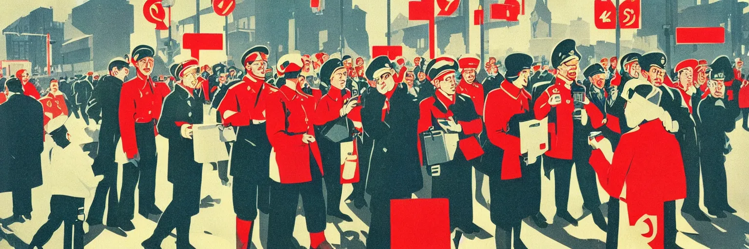 Prompt: A lot of people are standing at traffic lights and looking at their phones. soviet propaganda style