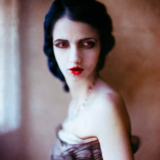 Image similar to A beautiful portrait of a lady vampire, victorian, photography, 35mm, depth of field, bokeh, soft light, cinematic, steve mccurry