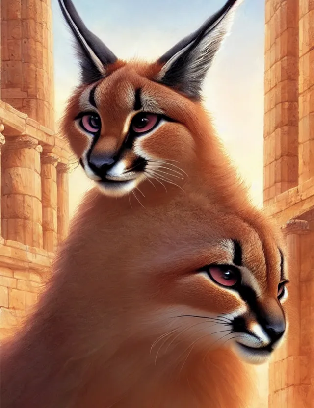 Image similar to cute fluffy caracal in a ancient greek city | | cute, key visual, realistic shaded perfect face, fine details by stanley artgerm lau, wlop, rossdraws, james jean, andrei riabovitchev, marc simonetti, and sakimichan, trending on artstation