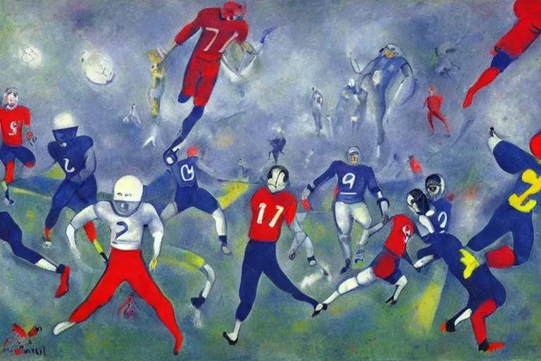 Image similar to ! dream a futuristic football game, painting by chagall, trending on artstation