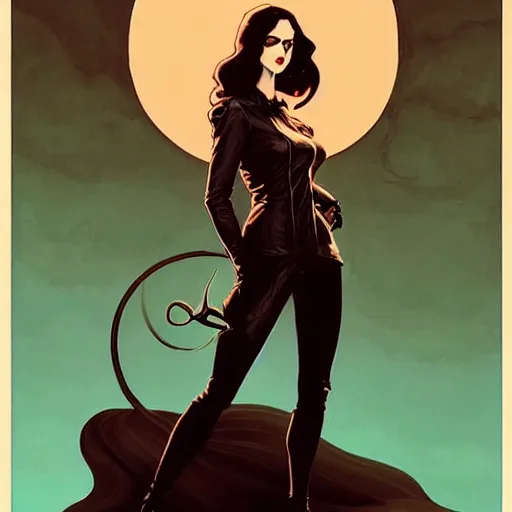 Image similar to Rafael Albuquerque comic art, art nouveau, Peter Mohrbacher, Joshua Middleton, pretty female Eva Green vampire, sharp vampire teeth, sarcastic smile, symmetrical eyes, symmetrical face, brown leather jacket, jeans, long black hair, full body:: building on fire:: hate and anger:: cool colors