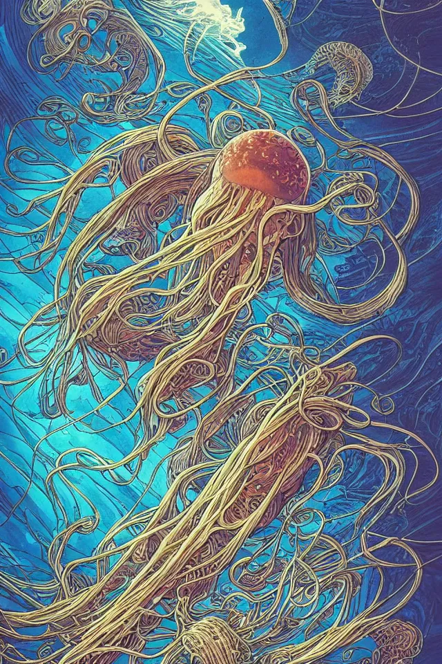 Image similar to a beautiful ultradetailed comic cover art of gigantic glowing layered intricate jellyfish creatures with long flowing tendrils, by Laurie Greasley and Peter Mohrbacher and Quentine Mabilles and Dan Mumford, tarot card art, detailed shading, micro details, dramatic lighting, volumetric lighting, 8k