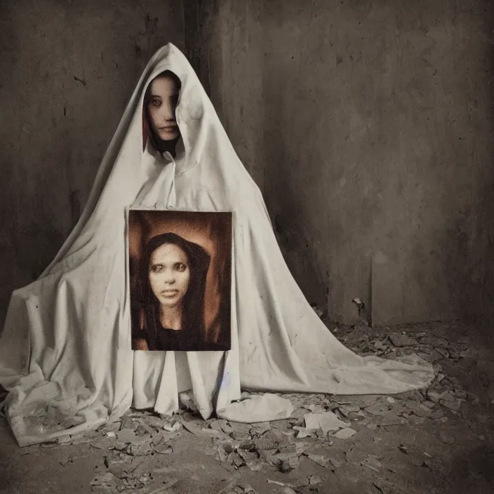 Prompt: a closeup portrait of a woman wearing a cloak made of photographs, staring at an empty chair, derelict home, photograph, by vincent desiderio, canon eos c 3 0 0, ƒ 1. 8, 3 5 mm, 8 k, medium - format print