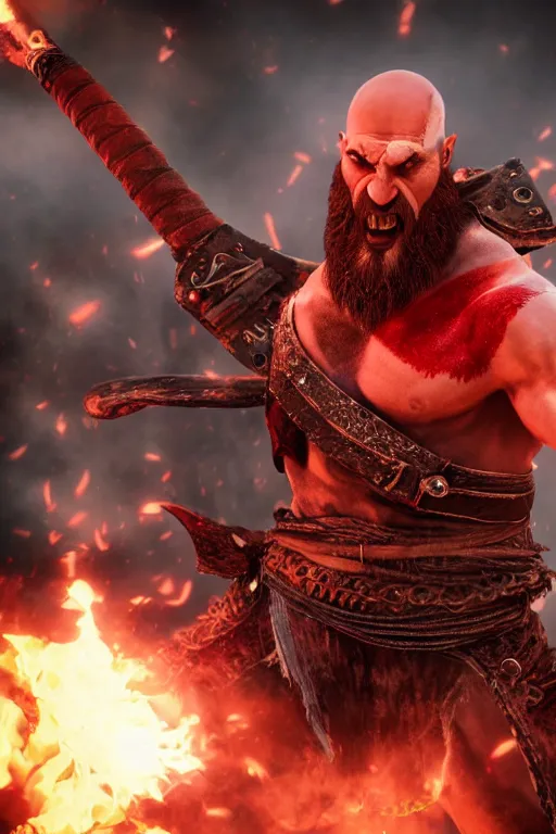 Image similar to screaming kratos rocking out on a flaming stratocaster guitar, cinematic render, god of war 2 0 1 8, playstation studios official media, lightning, flames, red facial stripe, red facial stripe, red facial stripe, clear, coherent