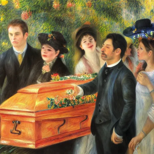 Prompt: a oil painting a group of people stand around a coffin in flowers by renoir and - - width 7 6 8 - - cfg _ scale 6 - - steps 1 0 0