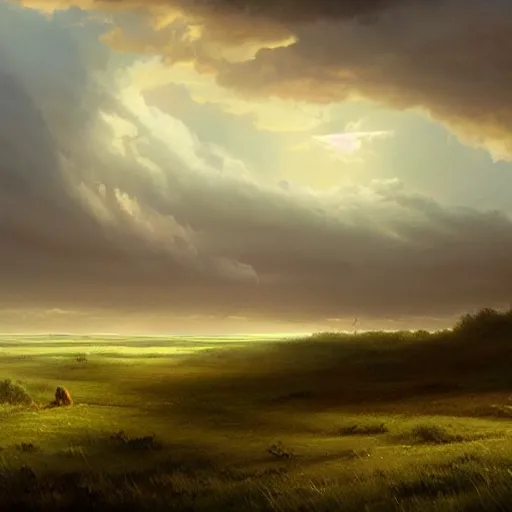 Image similar to Storm brooding over the plains, matte painting by Sylvain Sarrailh. Bright volumetric sunlight